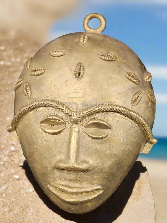 Aacheyova XLarge Ashanti Brass Wall Mask – Handcrafted in Ghana | Cowrie Adorned African Decor (5.5” x 7.5”)