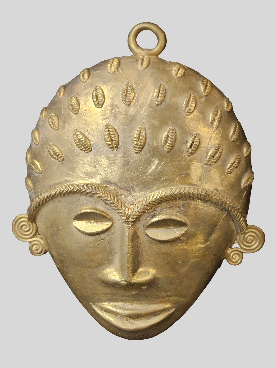 Handcrafted African Brass Mask with Cowrie Detail – 5.5" x 7.5" | Tribal Art Wall Décor from Ghana