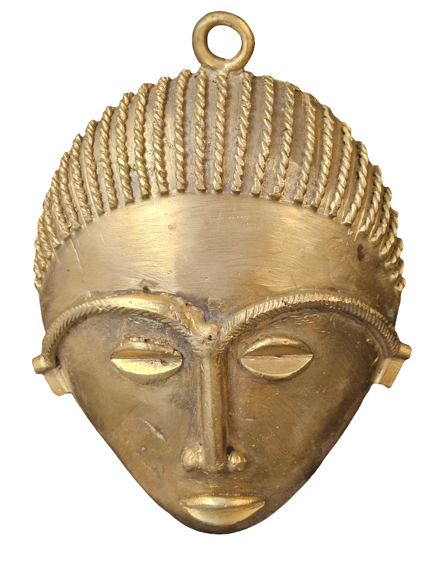Handcrafted African Brass Mask – Rope Braid Design (5.5" x 7.5") | Ghanaian Tribal Wall Art