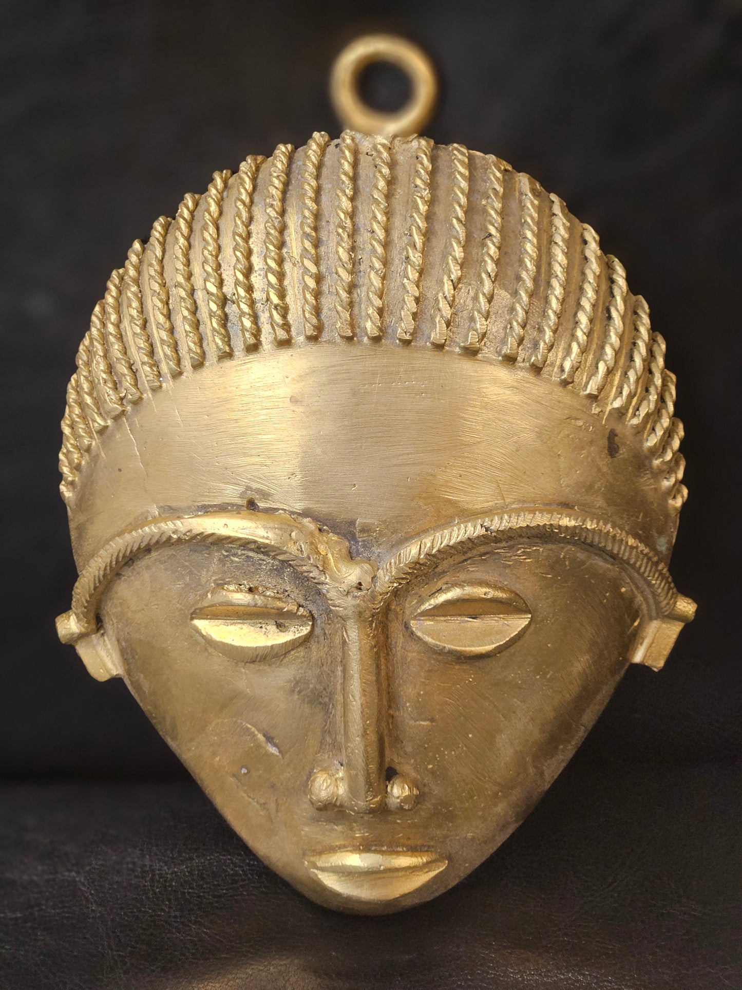 Handcrafted African Brass Mask – Rope Braid Design (5.5" x 7.5") | Ghanaian Tribal Wall Art