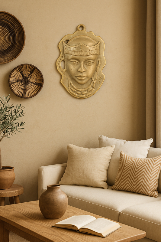 Mockup visual of African brass tribal masks for wall hangings.