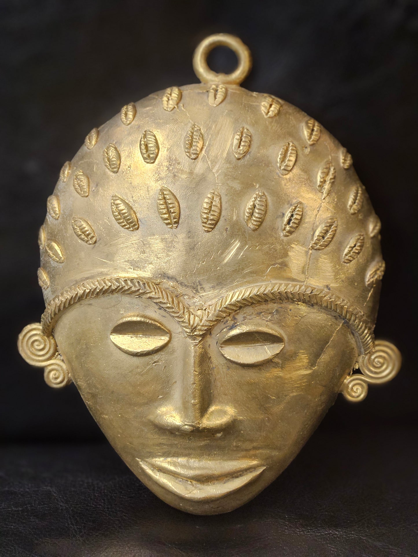 Handcrafted African Brass Mask with Cowrie Detail – 5.5" x 7.5" | Tribal Art Wall Décor from Ghana