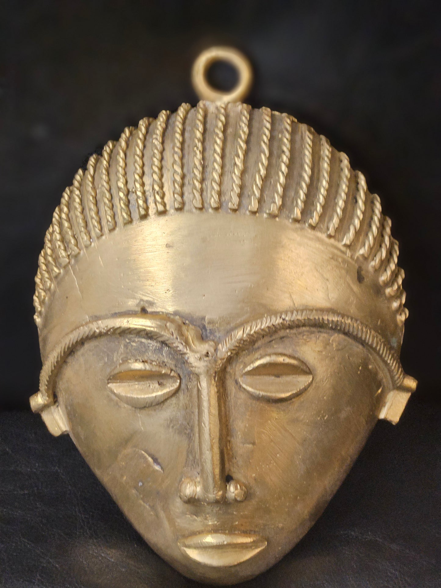 Handcrafted African Brass Mask – Rope Braid Design (5.5" x 7.5") | Ghanaian Tribal Wall Art