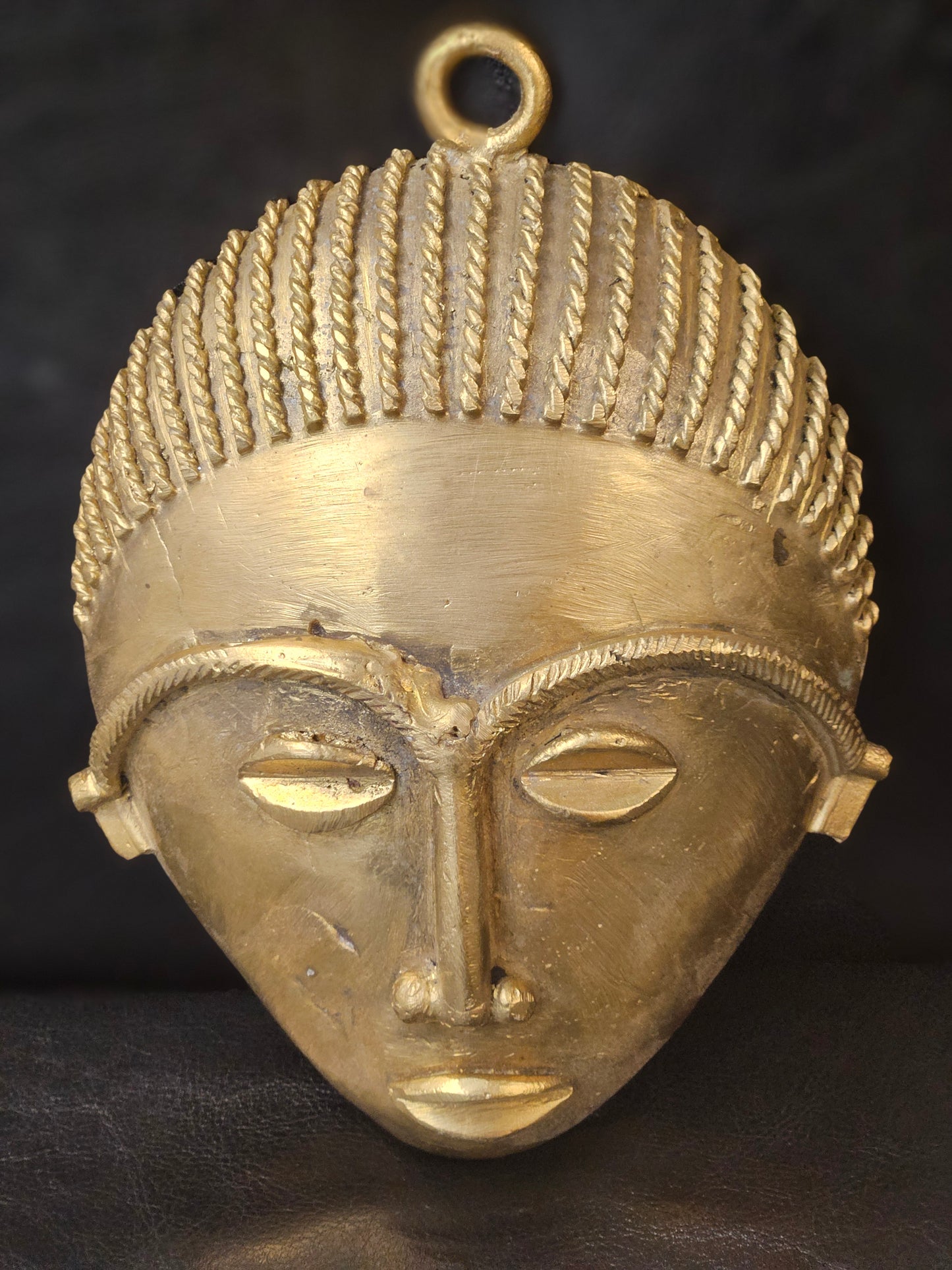 Handcrafted African Brass Mask – Rope Braid Design (5.5" x 7.5") | Ghanaian Tribal Wall Art
