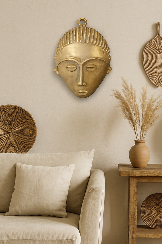 Handcrafted African Brass Mask – Rope Braid Design (5.5" x 7.5") | Ghanaian Tribal Wall Art