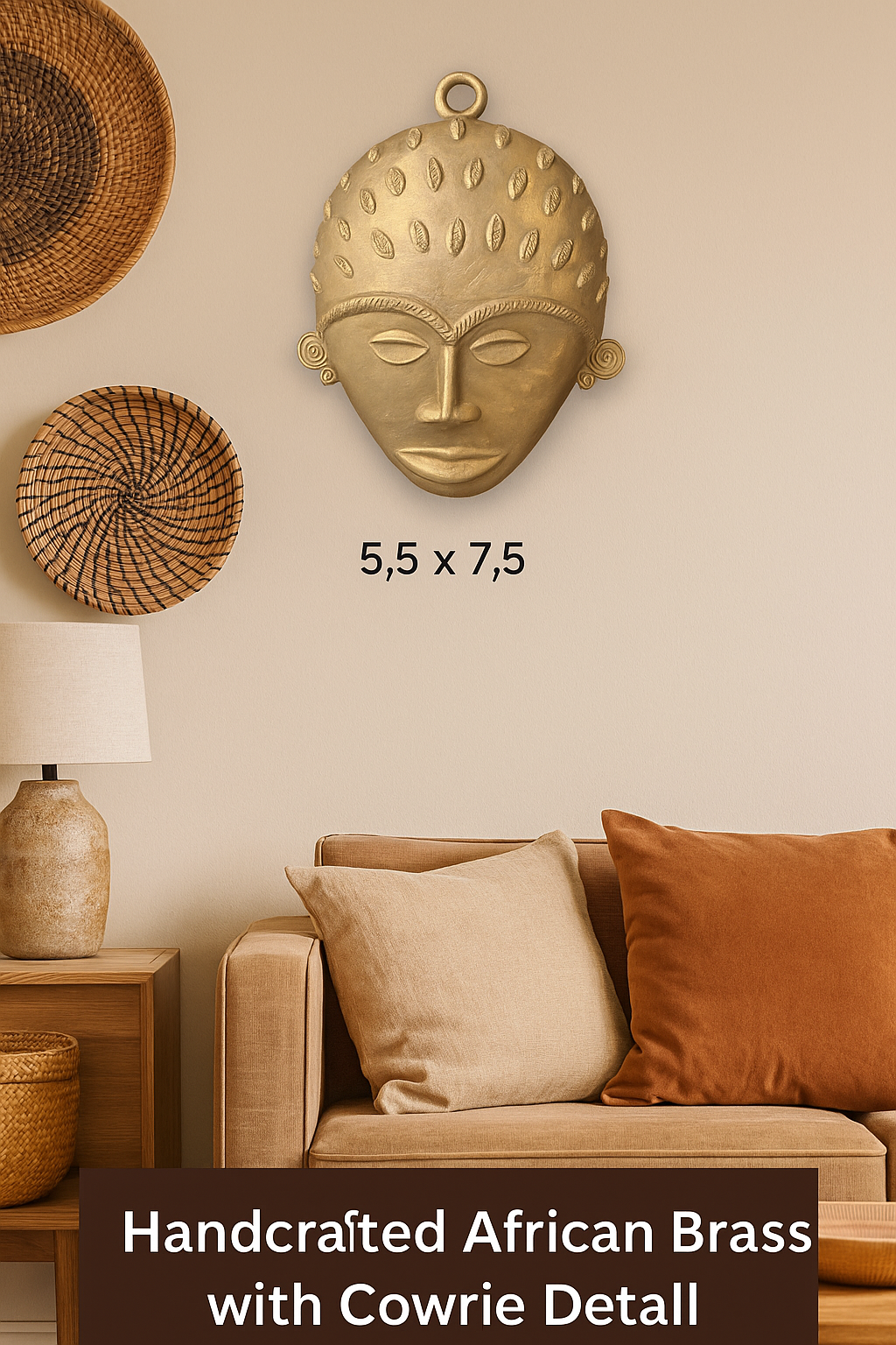 Handcrafted African Brass Mask with Cowrie Detail – 5.5" x 7.5" | Tribal Art Wall Décor from Ghana