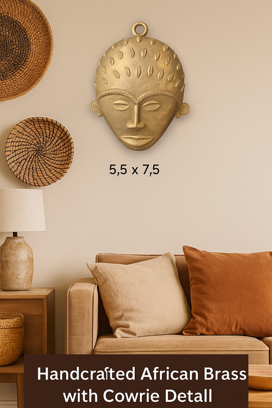 Handcrafted African Brass Mask with Cowrie Detail – 5.5" x 7.5" | Tribal Art Wall Décor from Ghana