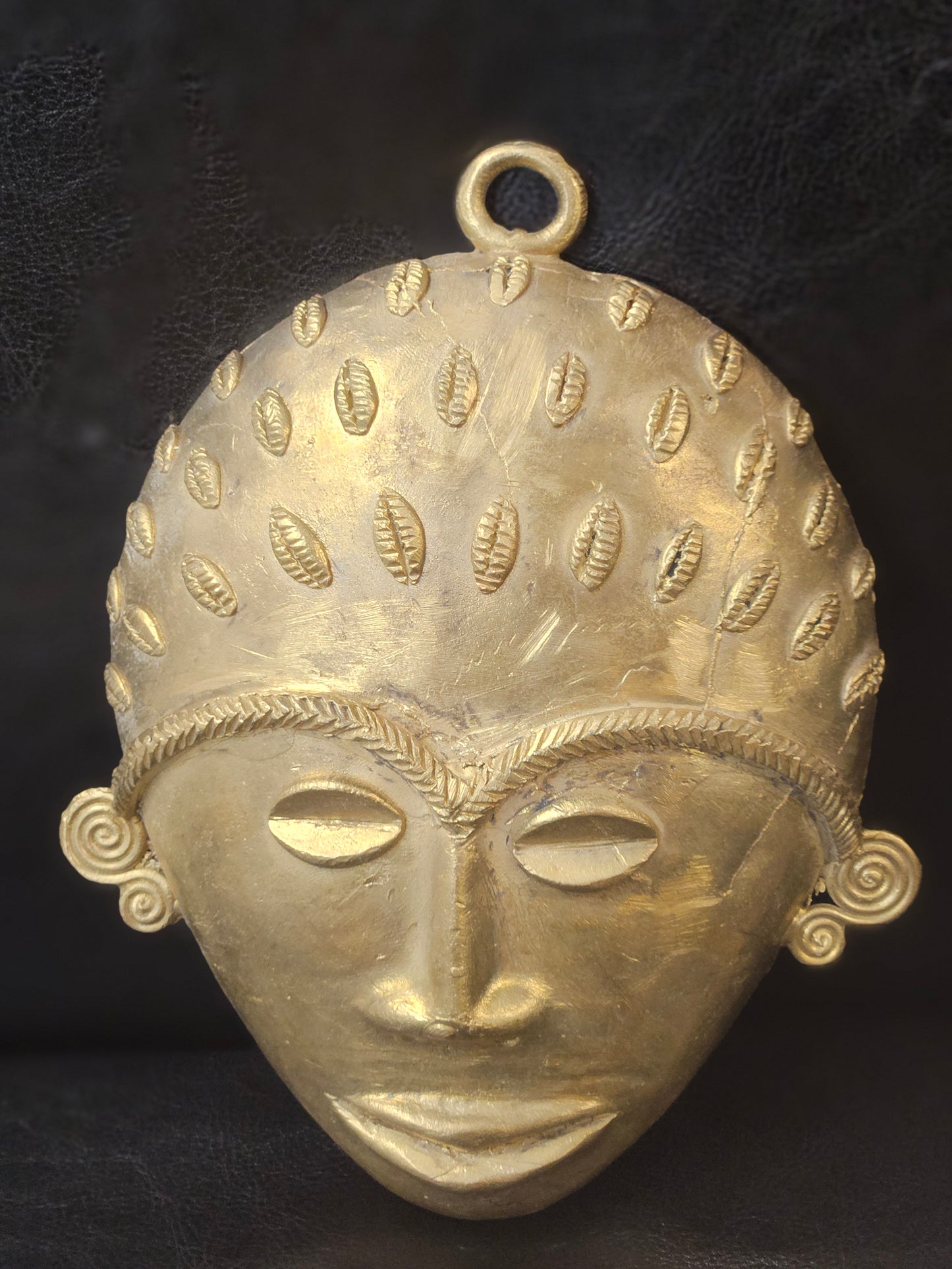 Handcrafted African Brass Mask with Cowrie Detail – 5.5" x 7.5" | Tribal Art Wall Décor from Ghana