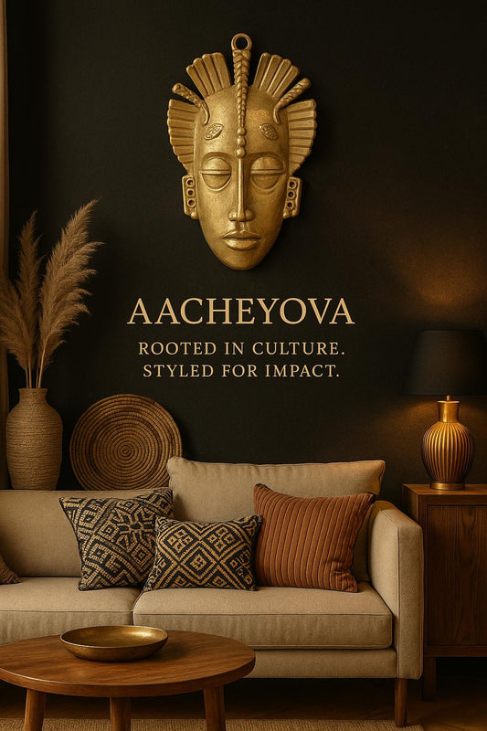 Handcrafted African brass mask mockup displayed on a neutral-toned wall in a warm, culturally inspired living room with woven baskets and earthy decor.
