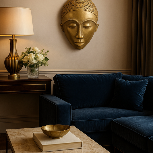 Living room with handcrafted African brass wall mask from Ghana displayed above a navy velvet sofa, styled with a marble coffee table, gold decor, and soft ambient lighting