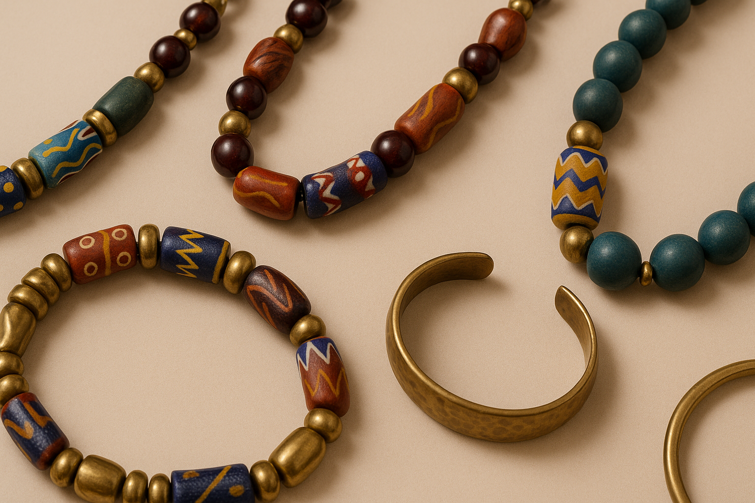 Editorial flatlay of Afro-inspired Krobo beads and brass jewelry for the Aacheyova Style collection.