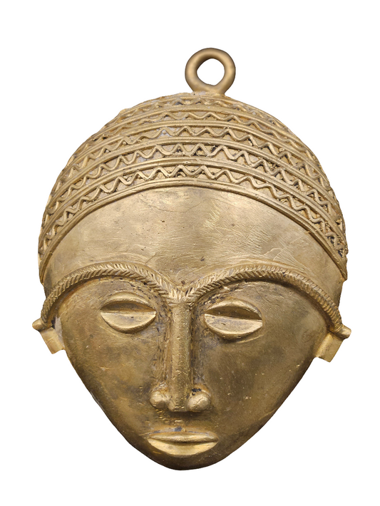 African brass wall mask displayed in facing position with white background. 
