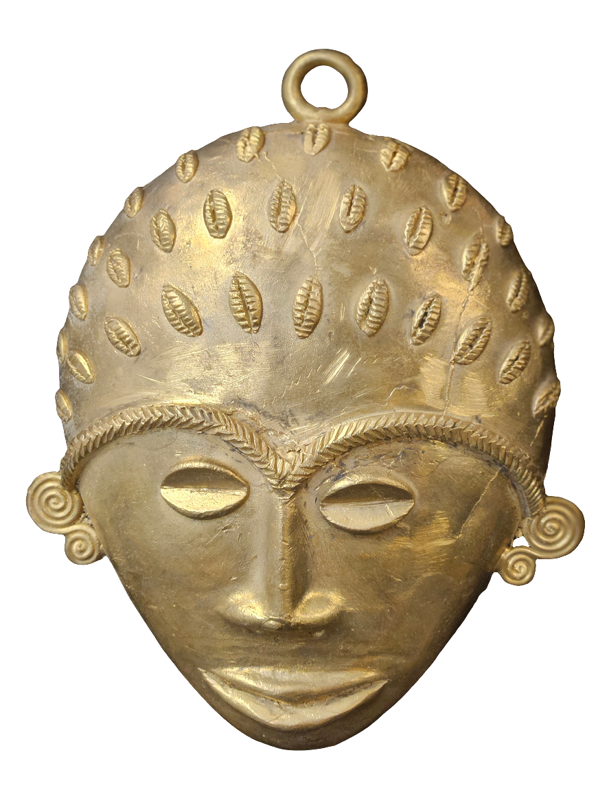 Handcrafted African Brass Mask with Cowrie Detail – 5.5" x 7.5" | Tribal Art Wall Décor from Ghana