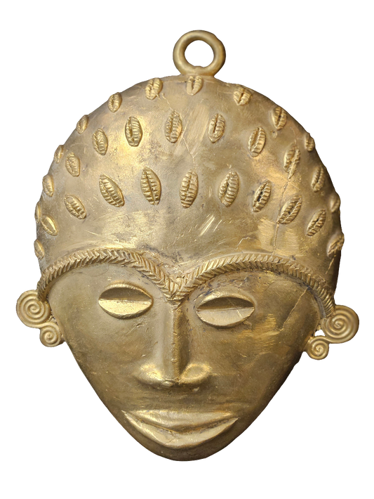 Handcrafted African Brass Mask with Cowrie Detail – 5.5" x 7.5" | Tribal Art Wall Décor from Ghana