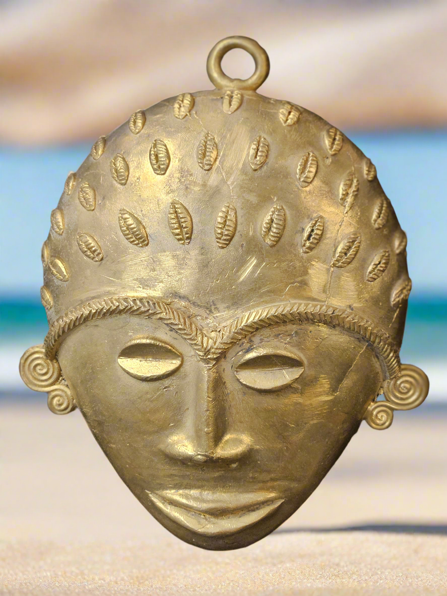 Handcrafted African Brass Mask with Cowrie Detail – 5.5" x 7.5" | Tribal Art Wall Décor from Ghana