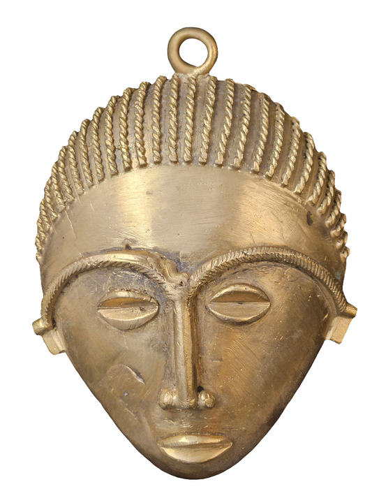 Handcrafted African Brass Mask – Rope Braid Design (5.5" x 7.5") | Ghanaian Tribal Wall Art