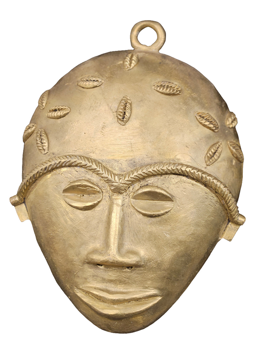 Handcrafted XLarge Ashanti brass mask with cowrie-style engravings, made in Ghana’s Ashanti Region, traditional African wall decor