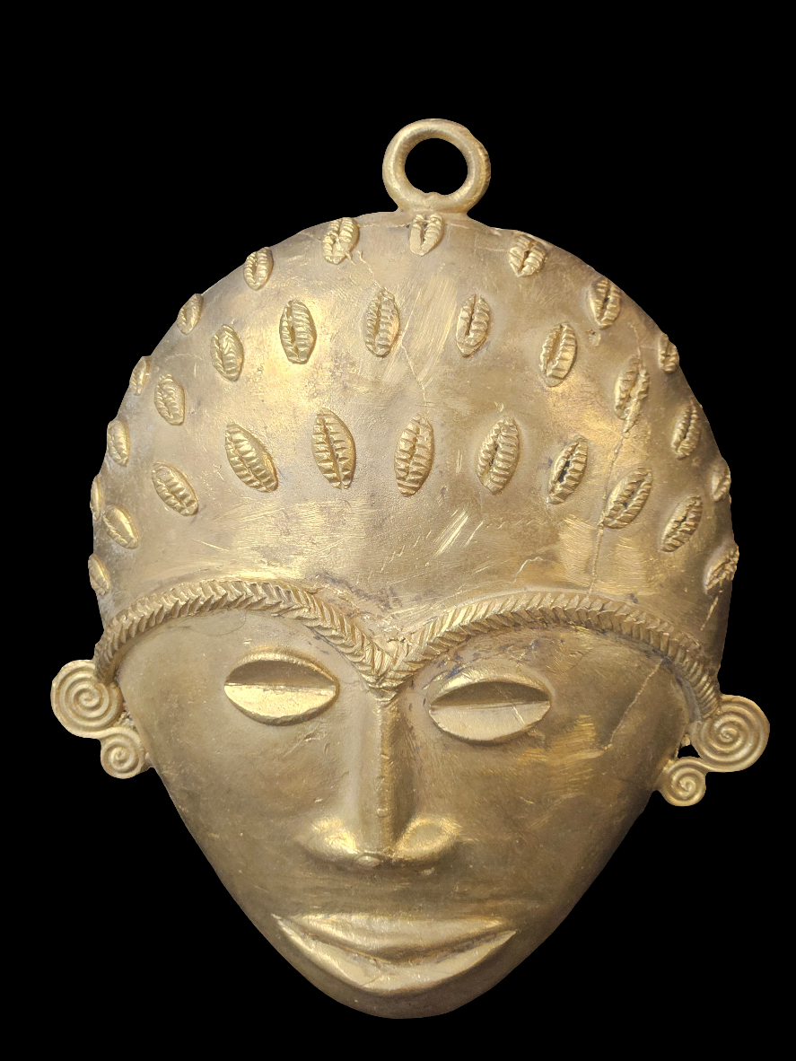 Handcrafted African Brass Mask with Cowrie Detail – 5.5" x 7.5" | Tribal Art Wall Décor from Ghana