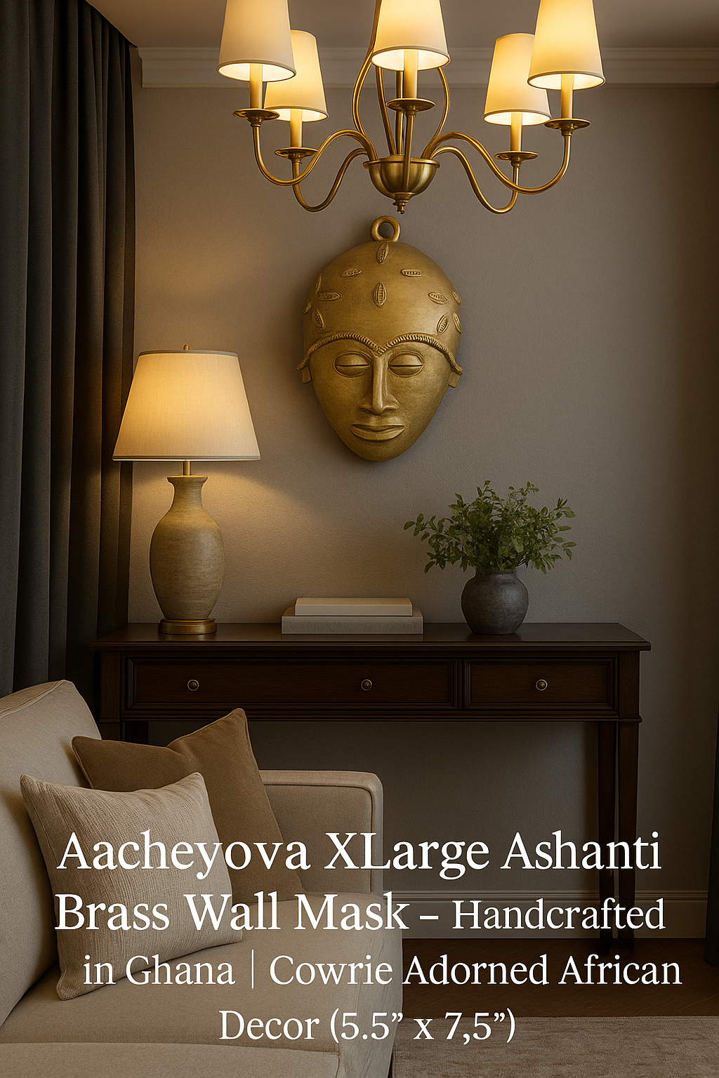 Decorative African mask featuring ancestral cowrie symbols, ideal for heritage-inspired home styling and ethical collections.