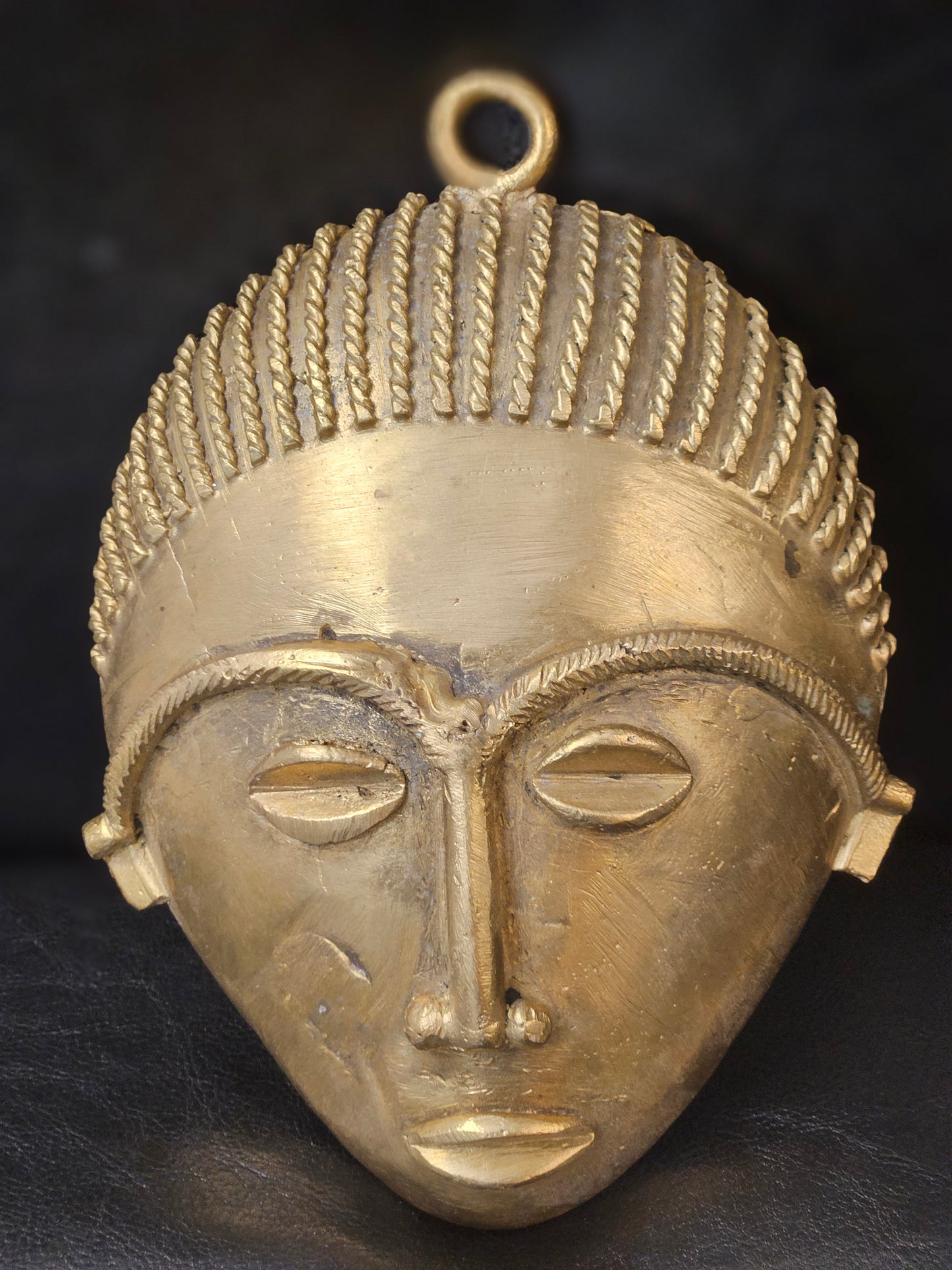 Handcrafted African Brass Mask – Rope Braid Design (5.5" x 7.5") | Ghanaian Tribal Wall Art