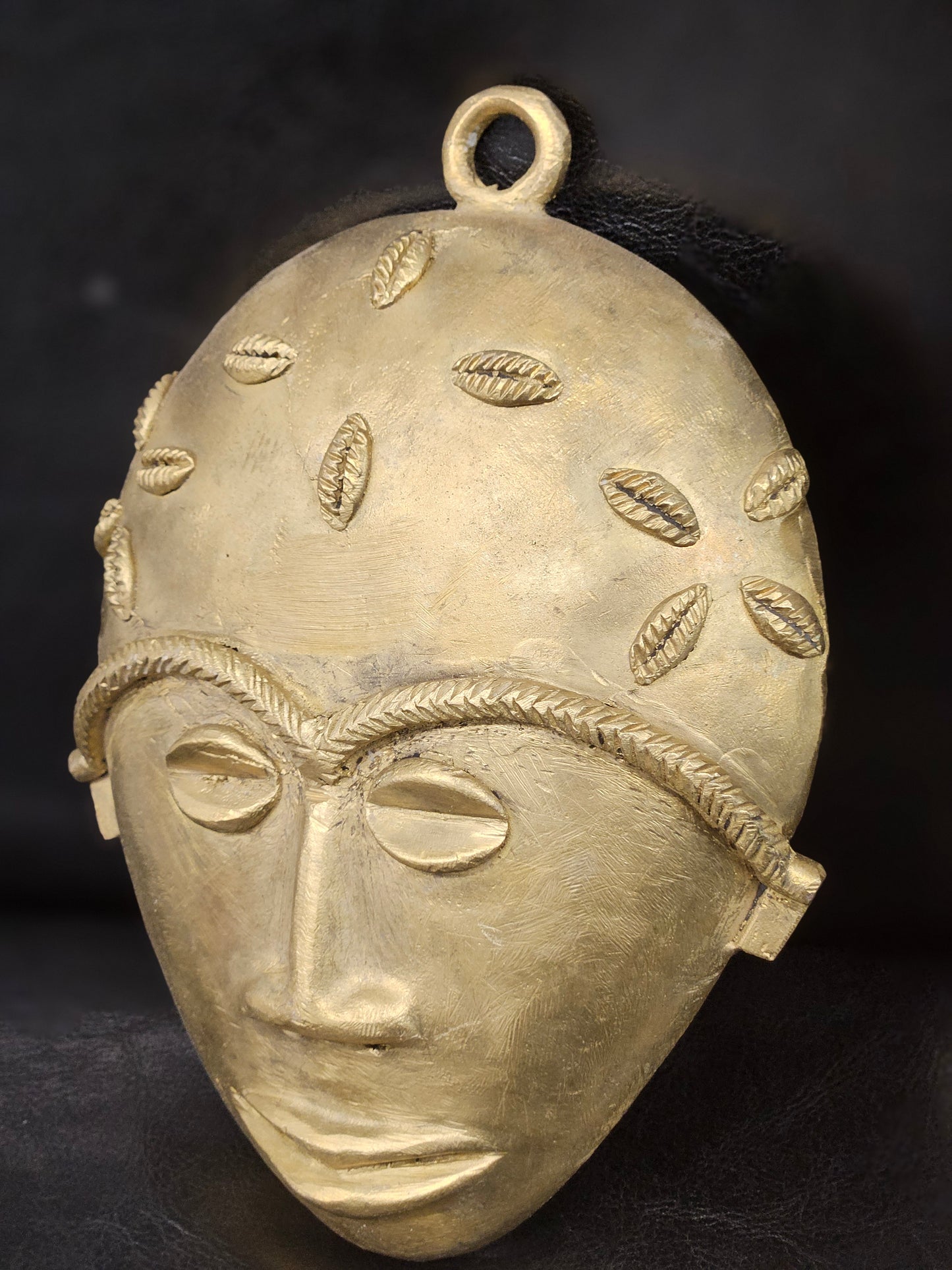 Aacheyova XLarge Ashanti Brass Wall Mask – Handcrafted in Ghana | Cowrie Adorned African Decor (5.5” x 7.5”)
